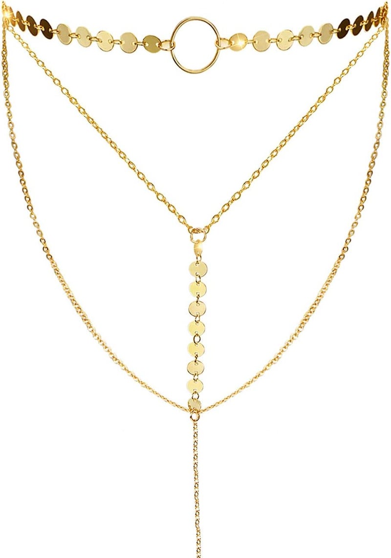 Suyi Stylish Layered Sequins Choker Necklace with Thin Long Chian Pendant for Women Lady - Image 1